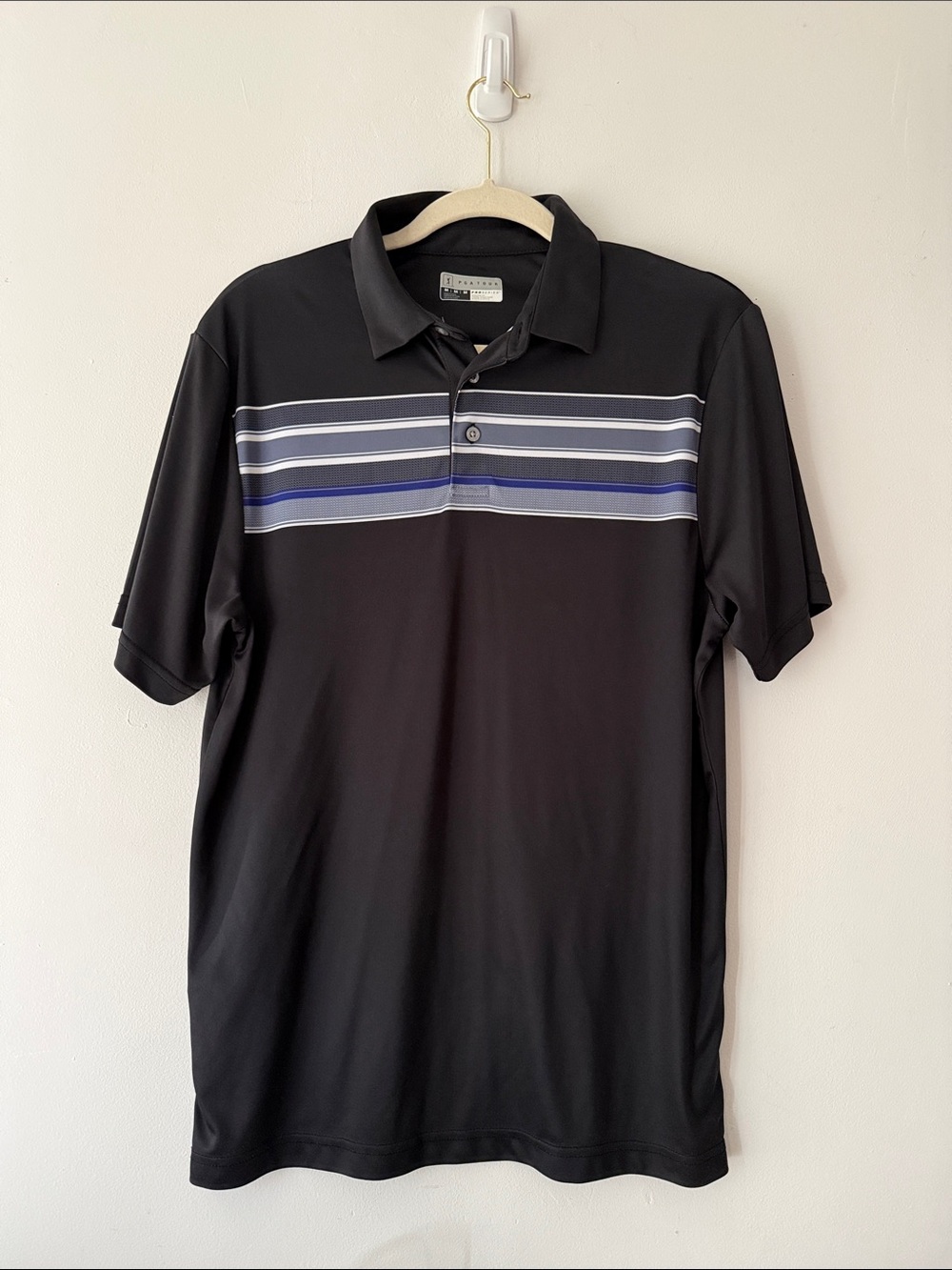 PGA Tour Pro Series Black Polo with Blue and Gray Chest Stripes Size Medium